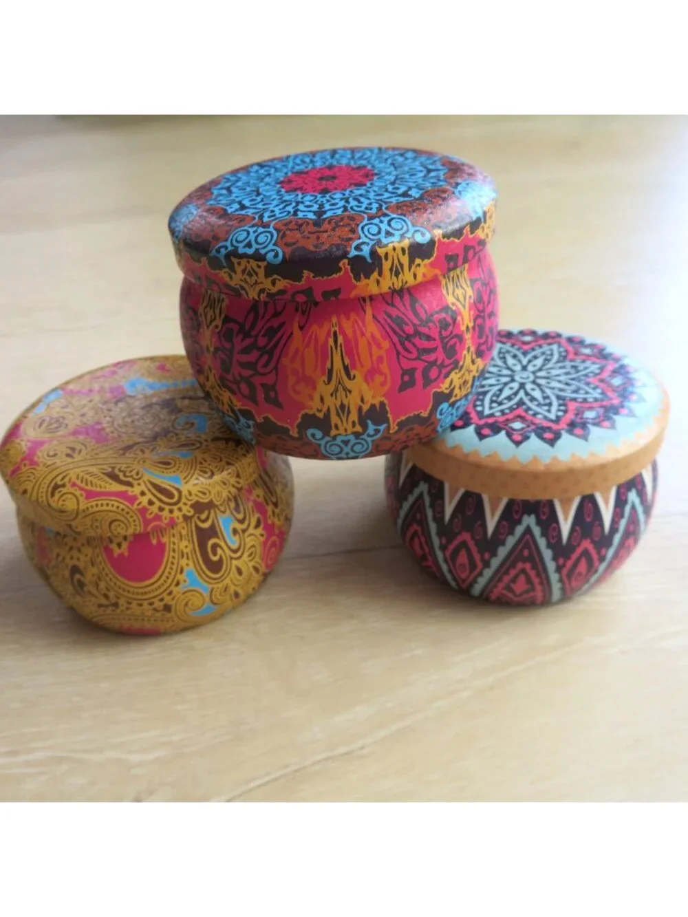 Set of 3 Small Mandala Patterned EMPTY Metal Storage Tins with Lids - 2